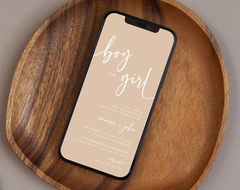 Taupe Gender Reveal Invitation Digital Invitation Gender Reveal Modern Evite for Phone Minimal Boho Boy or Girl Invite Editable Template 02D