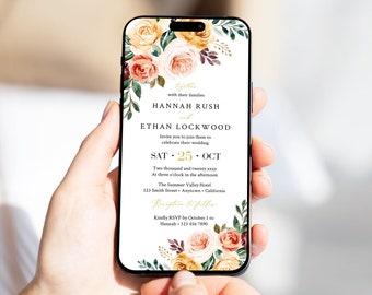 May include: A digital wedding invitation with a floral design in shades of peach, yellow, and burgundy. The invitation reads "Together with their families Hannah Rush and Ethan Lockwood invite you to join them to celebrate their wedding Sat 25 Oct Two thousand and twenty xxxx At three o'clock in the afternoon The Summer Valley Hotel 123 Smith Street Anytown California Reception to follow Kindly RSVP by October 1 to Hannah 123 456 7890"