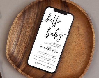 Baby Shower Digital Invitation, Baby Shower Invite Electronic, Hello Baby Modern Evite Boy or Girl, iphone Invitation Template Editable, 02A