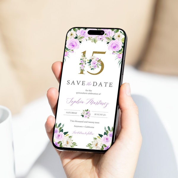 Quinceañera lilas réservez la date téléphone, électronique Mis coings réservez la date par texte, modèle de date numérique lavande or Mis XV modifiable 33A