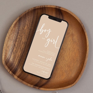 Taupe Gender Reveal Invitation Invitation numérique Gender Reveal Evite moderne pour téléphone Boho minimaliste, garçon ou fille, inviter le modèle modifiable 02D