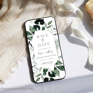 Greenery Save the Date Botanico elettronico Salva la nostra data digitale, Fogliame Salva la data tramite testo, Cartolina elettronica con data delle foglie, Modello modificabile, 06B