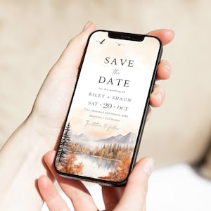 Mountains Save the Date Phone, Digital Woodland Save the Date Template, Rustic Save our Date by Text, Editable Fall Save Date Forest, 46A