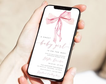 Pink Bow Baby Shower Invitation for Phone, Digital Bow Invite Baby Shower Girl, Blush Ribbon Evite Text Minimal Modern Editable Template 44A