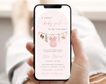 Girl Baby Shower Invitation Phone, Girl Baby Clothes Shower Invite Template, Digital Boho Clothesline Evite, Blush Pink Arch, Editable, 47A