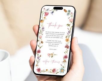 Wildflower Baby Shower Thank You Card Electronic Thank You Note Girl, Digital Thank You for Phone, Editable Thank You Ecard Template, 09A