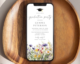 May include: A graduation party invitation on a smartphone screen with a floral background. The invitation is for Gemma Peterson and includes the date, time, and location of the party. The text reads: "Join us for a graduation party honoring Gemma Peterson Saturday, May 25, 20XX at 7 o'clock in the evening The Peterson Residence 123 Smith Street Anytown, CA 45678 Kindly reply to Cassie 123 456 7890"
