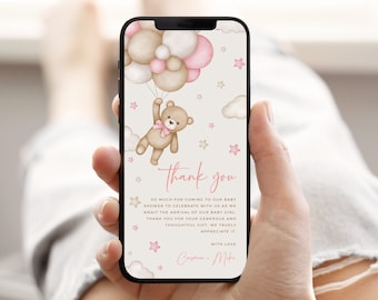 Tarjeta electrónica de agradecimiento para baby shower, nota de agradecimiento digital con forma de oso, agradecimiento por el teléfono, texto de tarjeta de agradecimiento, plantilla editable 13B