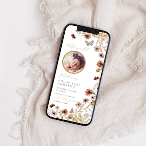 Electronic Birth Announcement Girl, Wildflower Digital Newborn Announcement with Photo, Fall Newborn Baby Announcement Template Editable 27A