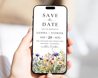 Bright Wildflower Guardar el texto de la fecha, Guardar digitalmente nuestro teléfono de fecha, Guardar electrónicamente la plantilla de fecha, Fecha de la boda floral Evite editable 26A