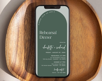 Sage Arched Rehearsal Dinner Invite Digital, Boho Rehearsal Invitation by Text Electronic Rehearsal Evite Phone Editable Invite Template 10A