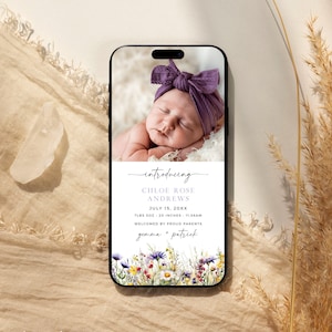 Bright Wildflower Newborn Announcement with Photo, Birth Announcement Girl, Digital Newborn Baby Announcement, Editable Ecard Template, 26A