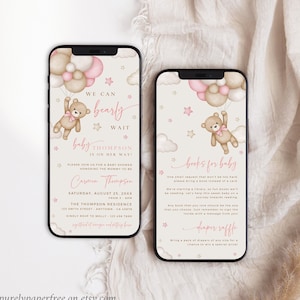 Digital Bear Baby Shower Invitation Set Girl We Can Bearly Wait Shower Invite Phone, Editable Evite Template, Book Insert Diaper Raffle, 13B