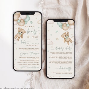 Sage Bear Baby Shower Invitation Set Boy We Can Bearly Wait Doccia Invito Telefono, Libro digitale Inserisci lotteria pannolini, Modello modificabile, 13C