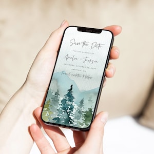Woodland Save the Date Phone, Electronic Save our Date Mountains, Rustic Save the Date by Text, Editable Save Date Template, Digital, 11A