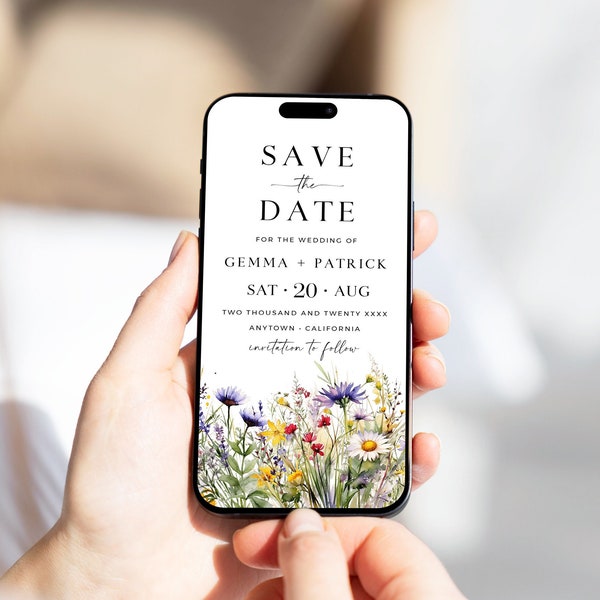 明るい野花のSave the Dateテキスト、デジタルSave our Date電話、電子Save the Dateテンプレート、花のウェディングデート招待状編集可能26A