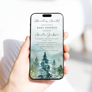 Invito elettronico per baby shower sulle montagne, invito elettronico per baby shower nei boschi, invito digitale per baby shower per bambini, modello di invito modificabile per foresta 11A