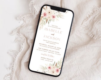 Boho Wedding Invitation Digital, Electronic Wedding Invitation, Boho Wedding Evite, Dusty Rose iPhone Invitation Editable Evite Template 05A