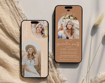May include: Two graduation party invitations in the shape of a smartphone. The invitation on the left is peach coloured with a photo of a woman in a hat and a white dress. The invitation on the right is brown with a photo of a woman in a white dress and a graduation cap. The text on the right invitation reads "She Did It" and "Join us for a graduation party honouring Aubry Jackson Saturday, May 25, 20XX at 5 o'clock in the afternoon The Jackson Residence 123 Smith Street, Anytown, CA 94567 fondly, Molly - 123-456-7890"