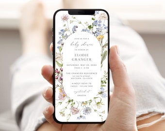 Baby Shower Evite Wildflower Baby Shower Electronic Invite Girl Wildflower Baby Shower Digital Invitation Floral Editable Evite Template 07A