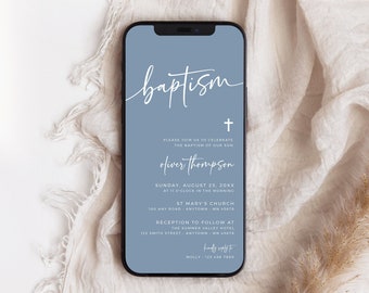Puede incluir: Una invitación digital azul y blanca para un bautizo. La invitación presenta la palabra "bautizo" en escritura blanca y una cruz blanca. La invitación incluye el nombre "Oliver Thompson", la fecha y la hora del bautizo, la ubicación de la iglesia y la ubicación de la recepción.