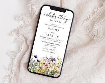 Bright Wildflower Anniversary Invitation Digital, Electronic Anniversary Invite Template, 25th Anniversary Evite for Phone 30th Editable 26A