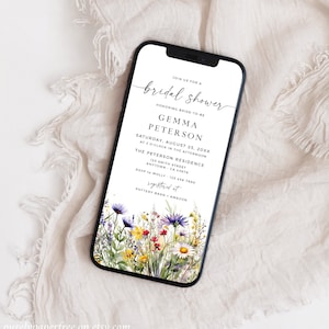 Digital Bridal Shower Invitation Template, Bright Wildflower Bridal Shower Invite Electronic, Bridal Shower Evite for a Phone, Editable, 26A