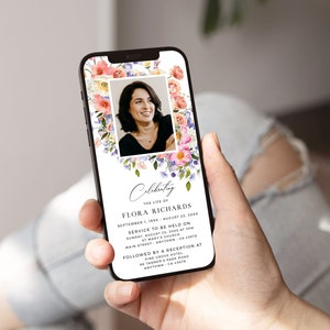 Bloemen begrafenisuitnodiging voor een telefoon, digitale herdenkingsuitnodiging vrouw, viering van het leven begrafenisaankondiging per tekst bewerkbare sjabloon 24A