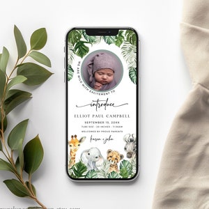 Dierlijke geboorteaankondiging jongen, digitale aankondigingssjabloon pasgeboren baby met foto, elektronische safari pasgeboren aankondiging, bewerkbare 36A