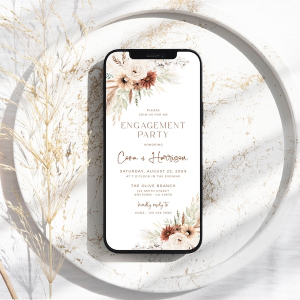 Electronic Engagement Party Invite, Digital Engagement Invitation, Boho Engagement Evite, Terracotta Phone Invitation Template Editable, 03A