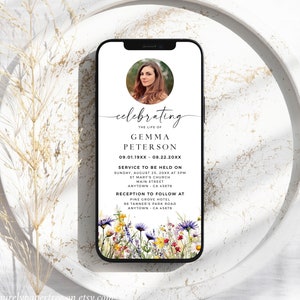 May include: A digital memorial card with a floral design and a photo of a woman. The text reads "celebrating the life of Gemma Peterson 09.01.19XX - 08.22.20XX Service to be held on Sunday, August 25, 20XX at 3PM St Mary's Church Main Street Anytown - CA 45678 Reception to follow at Pine Grove Hotel 96 Tanner's Park Road Anytown - CA 45678"