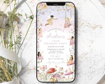 Digitale fee verjaardagsuitnodiging voor telefoon, meisje verjaardagsuitnodiging elke leeftijd, Enchanted Forest Evite Magical Wildflower bewerkbare sjabloon 43A