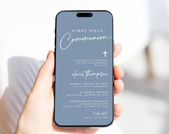 Digital First Holy Communion Invitation, Dusty Blue Communion Invite Electronic, Modern Communion Evite Boy, Editable Evite Template, 02B