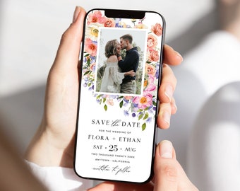 Floral Save the Date with a Photo, Electronic Save our Date by Text, Digital Save the Date Template, Wedding Date Evite Flowers Editable 24A