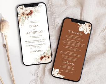 Elektronische Hochzeitseinladung Set Terrakotta, Boho Hochzeitseinladung Digital, Pampas Hochzeitsdetails für Telefon, bearbeitbare Evite Vorlage 03A