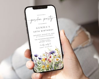 Digital Garden Party Invitation, Electronic Wildflower Birthday Invitation, Woman 40th Birthday Evite, Floral Invite Template, Editable, 26A