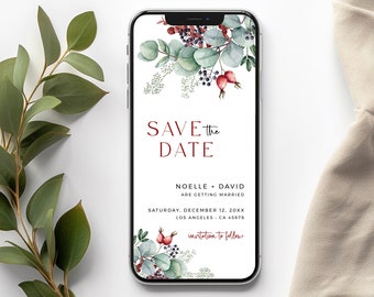 Winter Save the Date Digital, Electronic Wedding Save the Date, Eucalyptus Save our Date for Phone, Editable Save Date by Text Template, 23A