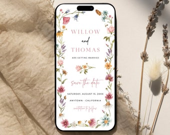 Wildflower Electronic Save the Date, Digital Save our Date Phone, Floral Save the Date by Text, Wedding Date Ecard, Editable Template, 09A