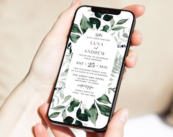Digital Wedding Invitation Greenery, Electronic Wedding Invitation, Wedding Evite Botanical Phone Invite by Text Editable Evite Template 06B