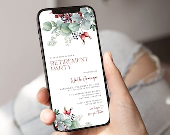 Digital Retirement Party Invitation Template, Winter Retirement Invite for Phone, Eucalyptus Evite, Electronic E Invite by Text Editable 23A