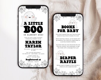 May include: Two smartphone screens displaying Halloween-themed baby shower invitations. The left screen reads "A Little Boo is Almost Due!" with event details. The right screen announces "Books for Baby" and "Diaper Raffle" with a cute ghost graphic.