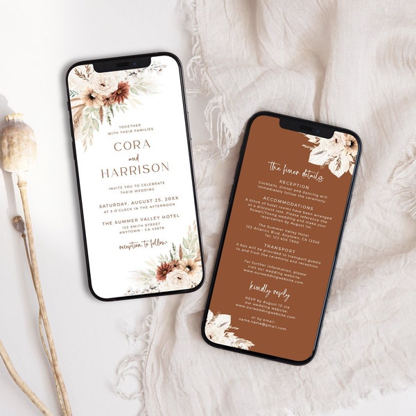 Ensemble de faire-part de mariage électronique Terracotta, Boho Wedding Invitation Digital, Pampas Wedding Details for Phone, Editable Evite Template 03A