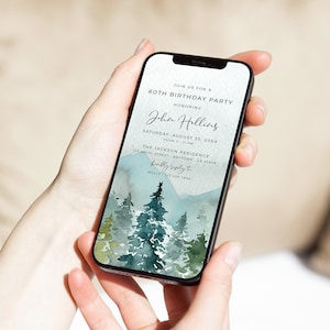 Digital Birthday Invitation for Man, Mountains Electronic Invite Birthday, Outdoors Evite, Woodland Birthday Evite Template, Editable, 11A