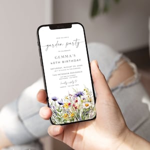 Digital Garden Party Invitation, Electronic Wildflower Birthday Invitation, Woman 40th Birthday Evite, Floral Invite Template, Editable, 26A