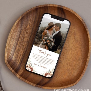 Digitale Hochzeit Dankeskarte für ein Telefon Boho Dankeschön Karte mit Foto, Terrakotta Danke Herbst bearbeitbare Dankeschön Ecard Vorlage, 03A