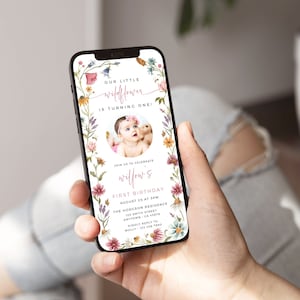 Girl&#39;s First Birthday Invitation with Photo Wildflower Electronic Invitation 1st Birthday, Wildflower Birthday Evite Template, Editable 09A