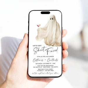 Digital Let&#39;s Get Sheet Faced Halloween Invitation Template Electronic Costumes and Cocktails Invite for Phone, Ghost E Invite, Editable 34A