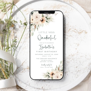 Boho Little Miss Onederful First Birthday Invite Girl, Digital 1st Birthday Invite for Phone, Sage Green Digital Evite Template Editable 04A