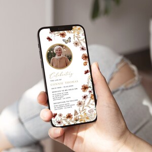 May include: A digital memorial card with a floral design in shades of brown, orange, and pink. The card features a photo of an older woman in a circle with the text "Celebrating the life of Connie Thomas 09.01.19XX - 10.22.20XX" and details for a service and reception.