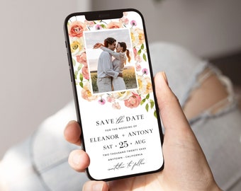 Digital Save the Date with a Photo, Floral Save our Date by Text, Summer Wedding Date Evite with Flowers, Peach Blush, Editable Template 25A
